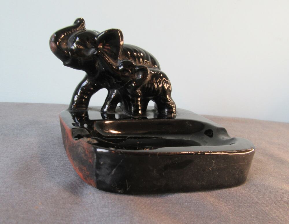 Vintage Black Ceramic Mother And Baby Elephant Ashtray MCM Japan